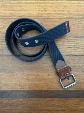 J. Crew Vintage Navy Canvas Belt with Brown Italian Leather Tabs Made in USA 32”